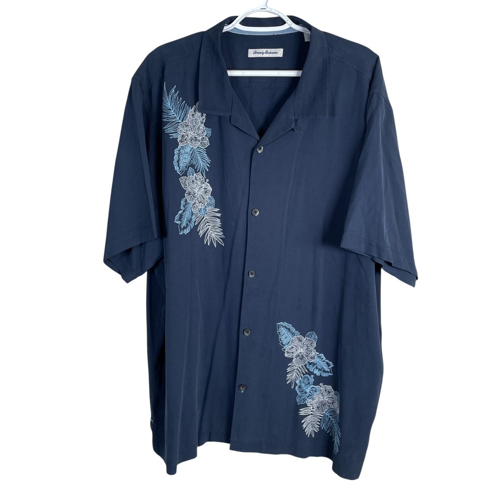 Tommy Bahama Coronado Falls Floral Silk Camp Shirt Mens 2XL Blue Embroidered